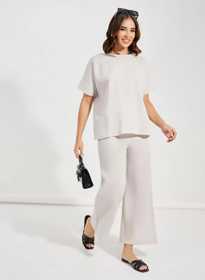 Styli Textured Top and Wide Leg Pants Co-ord Grey