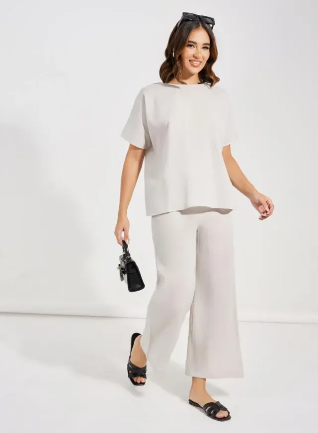 Styli Textured Top and Wide Leg Pants Set Grey