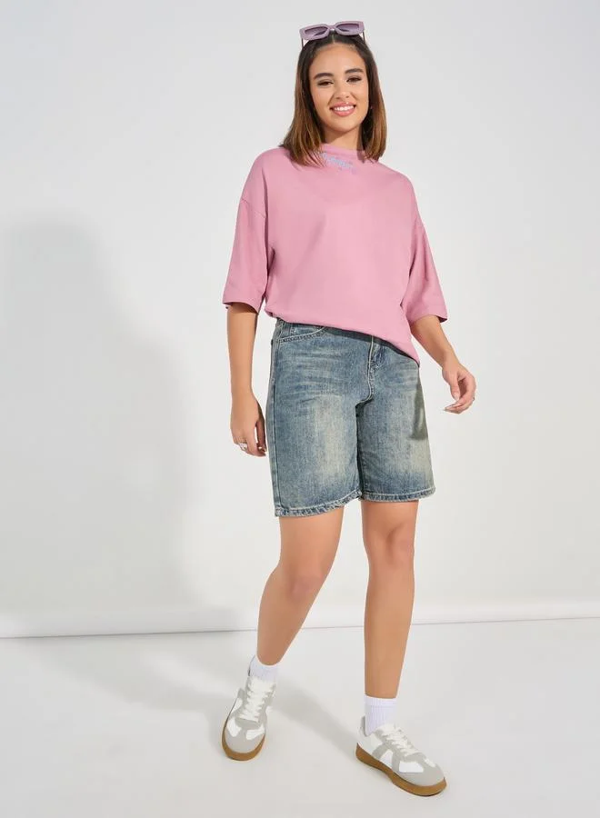 Oversized Embroidered Slogan Cotton T-Shirt Pink