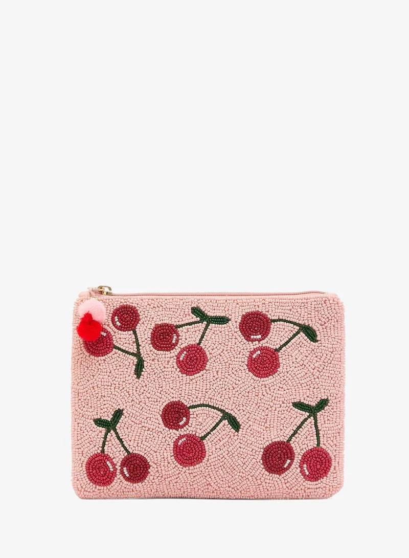 embroidered cherry embellished beaded clutch