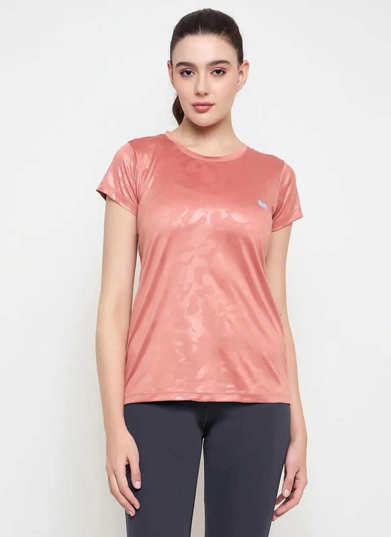 Clovia Comfort Fit Camouflage Print Active T-shirt in Peach
