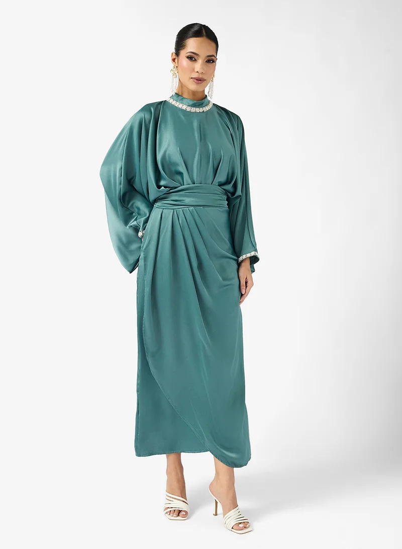 Embellished Neckline Draped Dress Teal