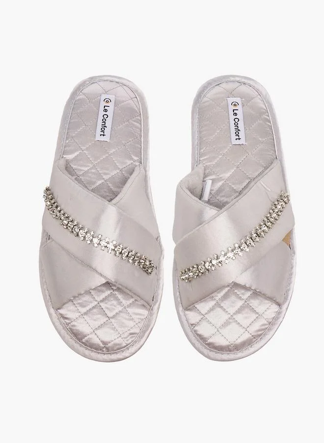 Women's Stone Embellished Satin Slides Grey