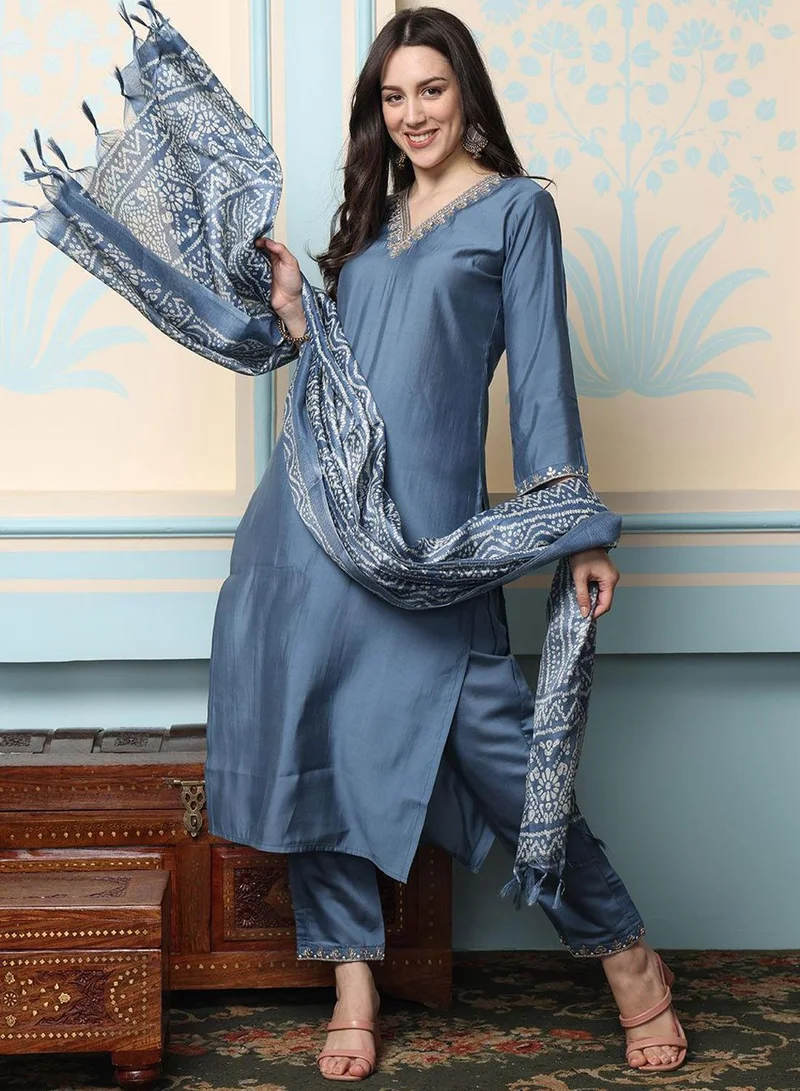 Roman Silk Embellished Kurta Set Grey