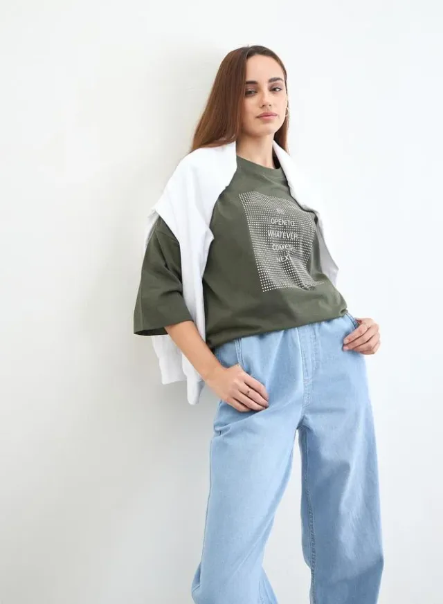 Slogan Oversized 3/4 Sleeve T-Shirt Charcoal – image 4