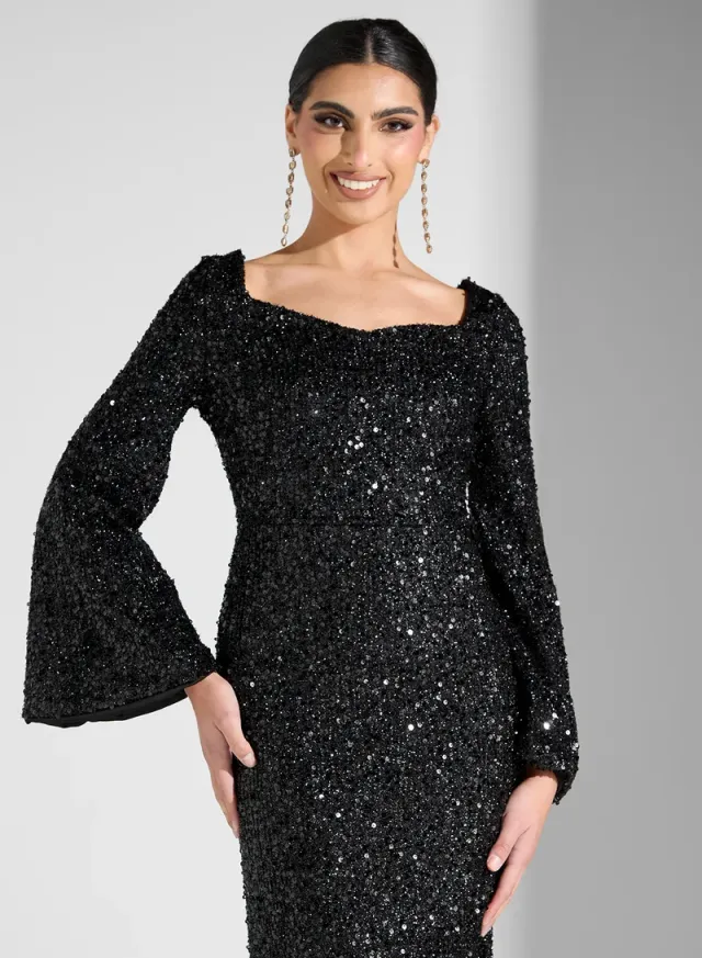 Black Sequin Maxi Dress with Square Neck and Long Bell Sleeves – image 3