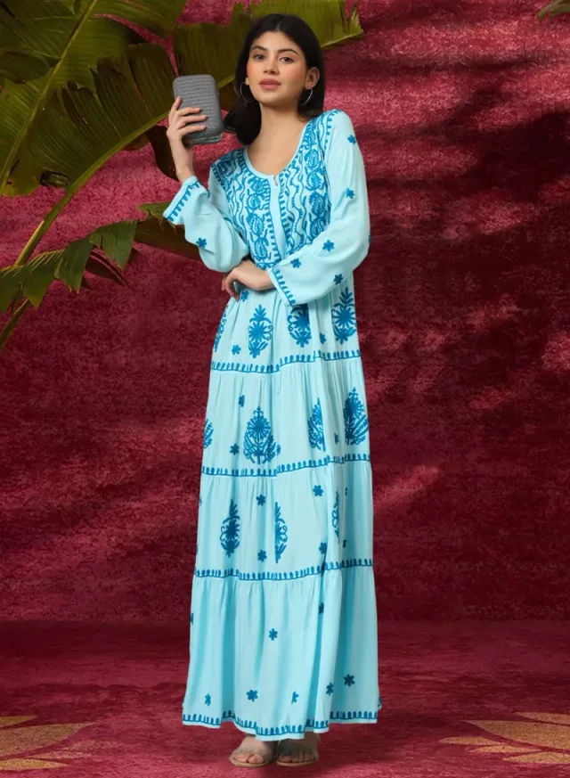 Turquoise Cotton Embroidered Jalabiya for Women - Plus Size – image 6