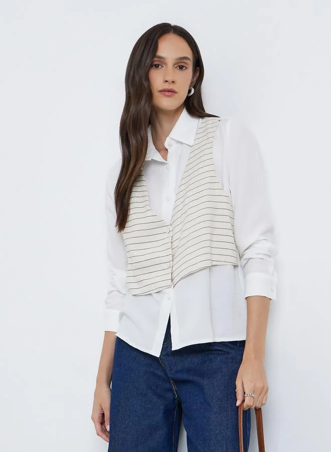 Styli Layered Striped Long Sleeve Shirt Cream