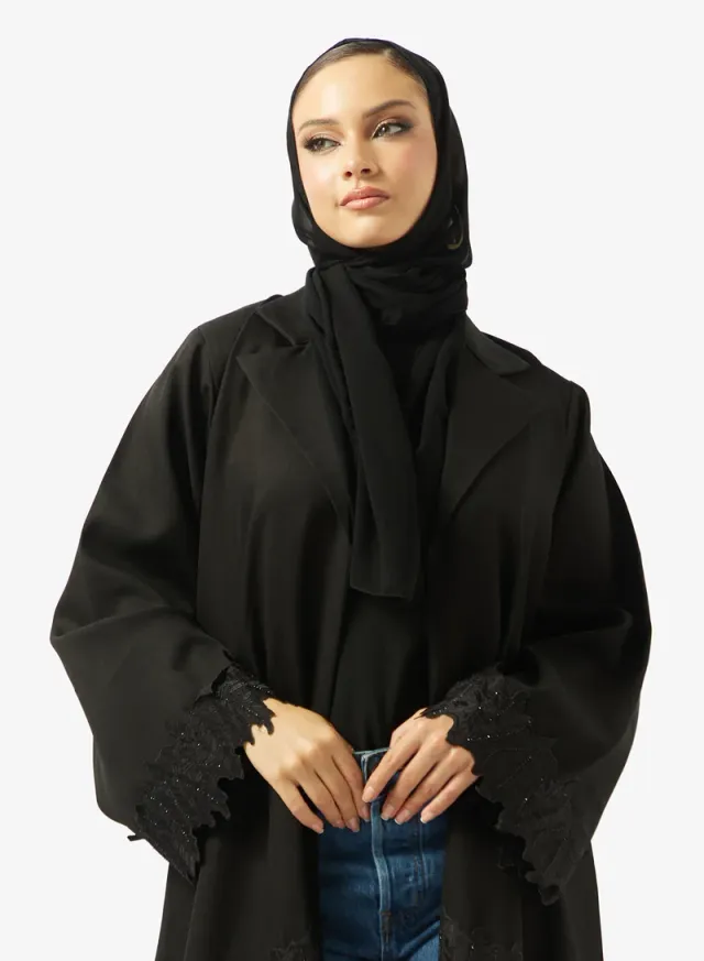 Black Embellished Abaya with Lace Details and Sheila - Ramadan Style – image 3