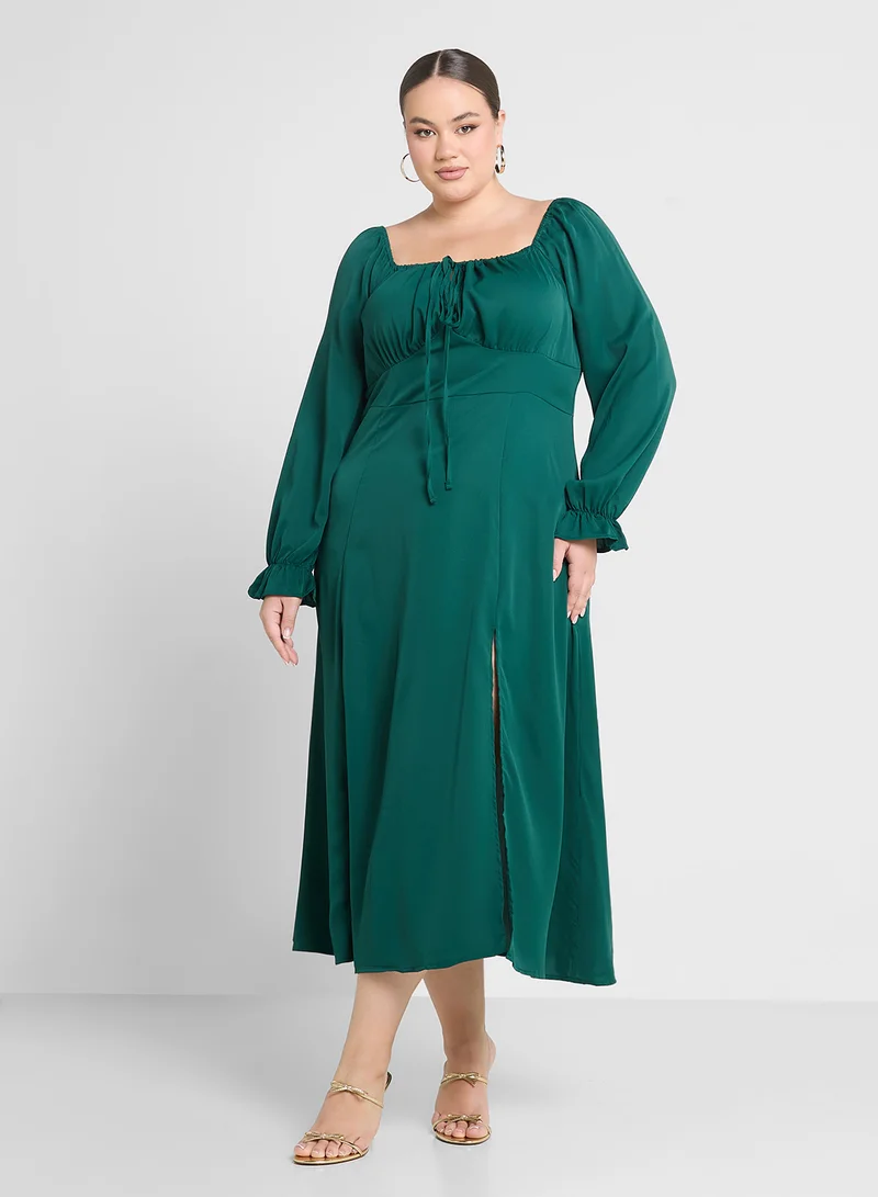 Ruched Bodice Midi Dress Emerald Green
