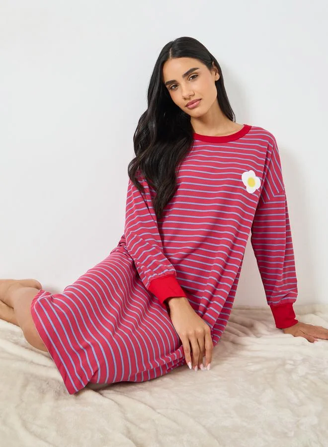 Striped Flower Applique Long Sleeve Sleep Dress Red