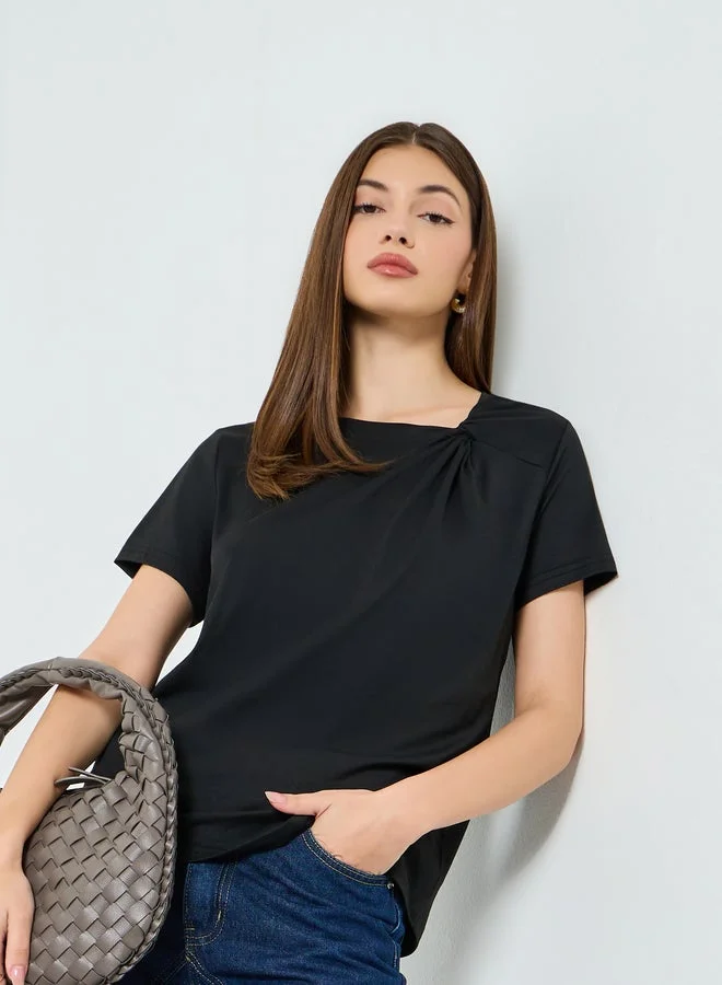 Asymmetric Neck Knit T-Shirt Black
