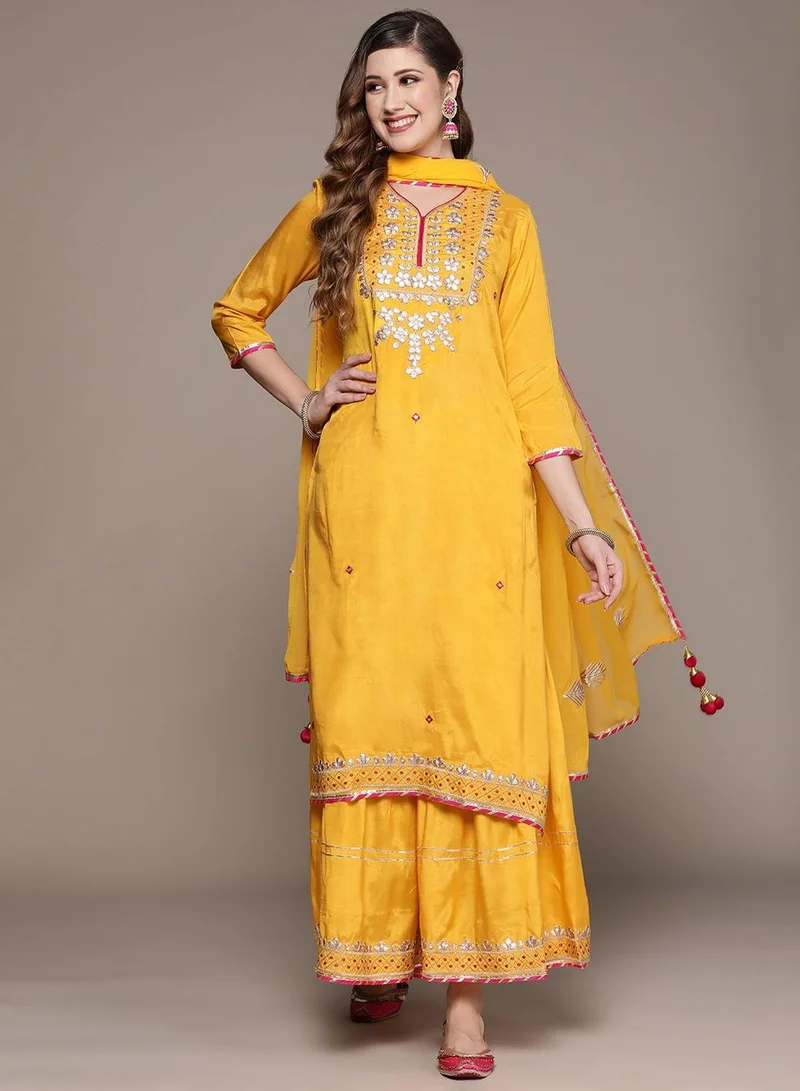 Women's Cotton Self Design Kurta Palazzo Set Yellow