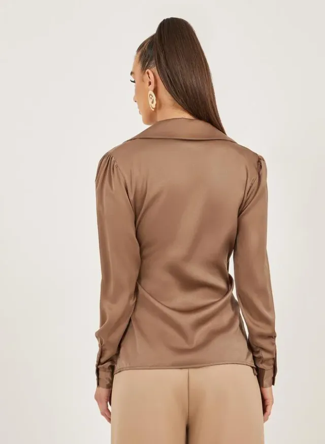 Brown Satin Tie-Up Waist Wrap Longline Top for Women – image 4