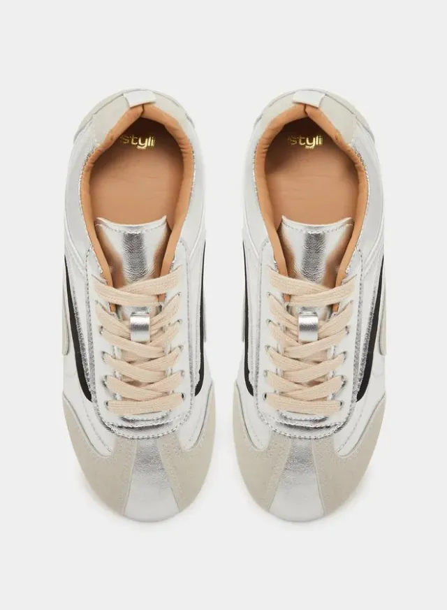 Silver Metallic Retro Lace Up Sneakers – image 5