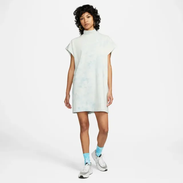 Women's Light Blue Tie-Dye Mini Dress - High Neck, Short Sleeve, Printed – image 3