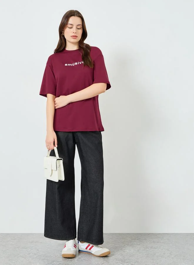Oversized Slogan Print T-Shirt Burgundy