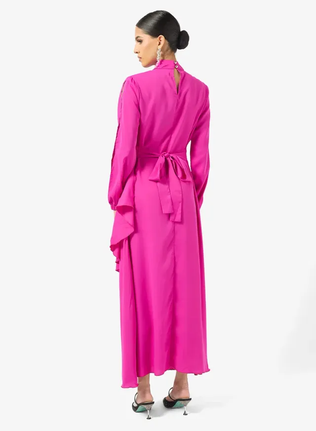 Hot Pink Maxi Dress with Asymmetrical Ruffles and Embellishments – image 2