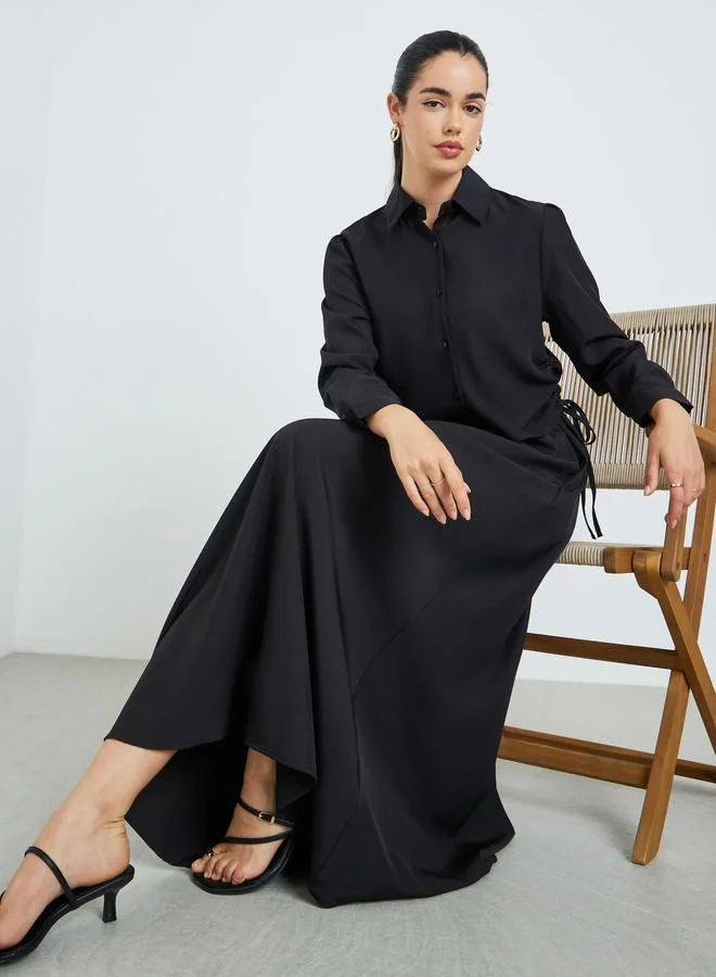 Modest Ruched Shirt & Maxi Skirt Set Black
