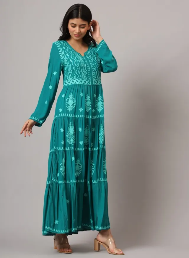 Turquoise Cotton Embroidered Jalabiya for Women - Plus Size – image 4
