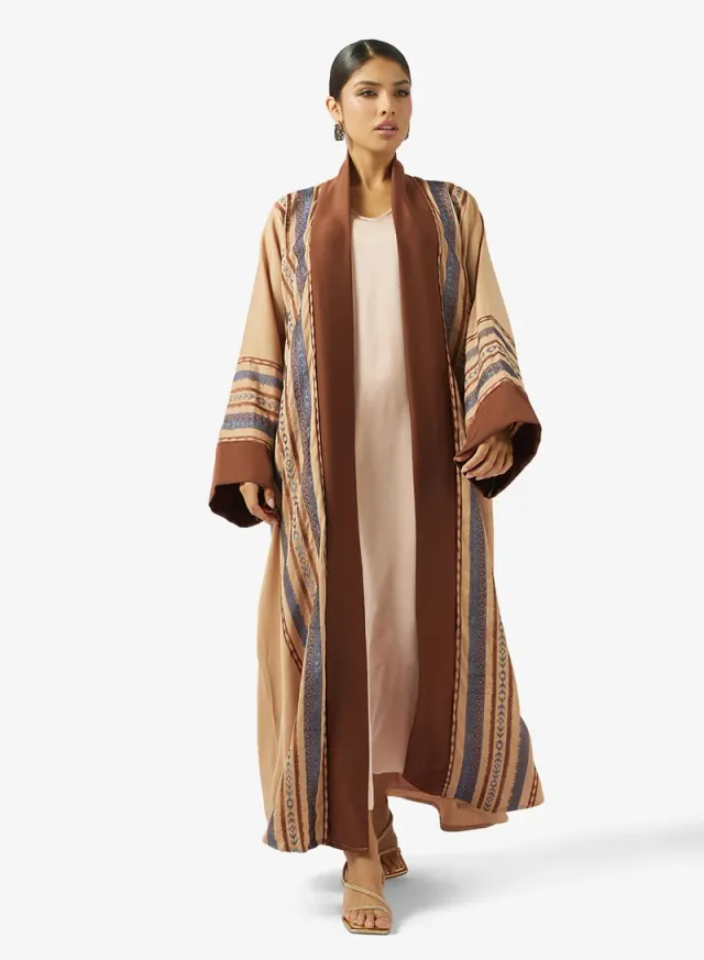 Beige Embroidered High Neck Open Front Maxi Abaya - Ramadan Style – image 5