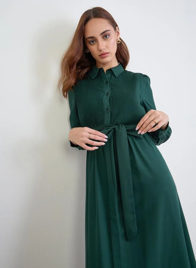 Women's Tie Belt Maxi Dress Dark Green