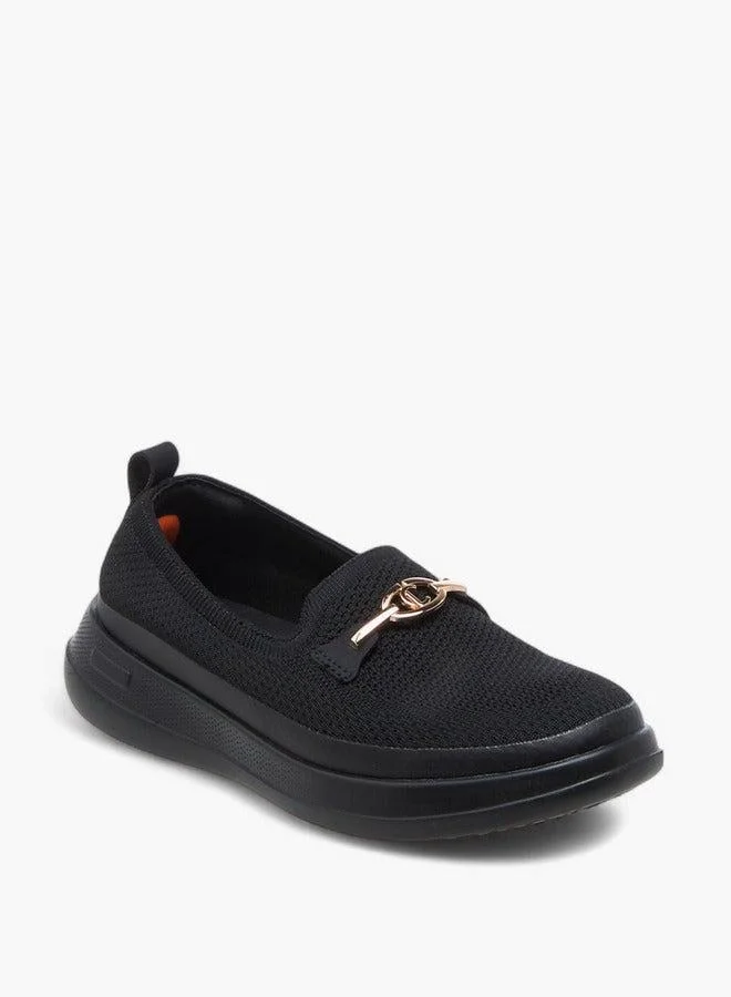 Women's Metal Accent Flyknit Slip-On Loafers Black
