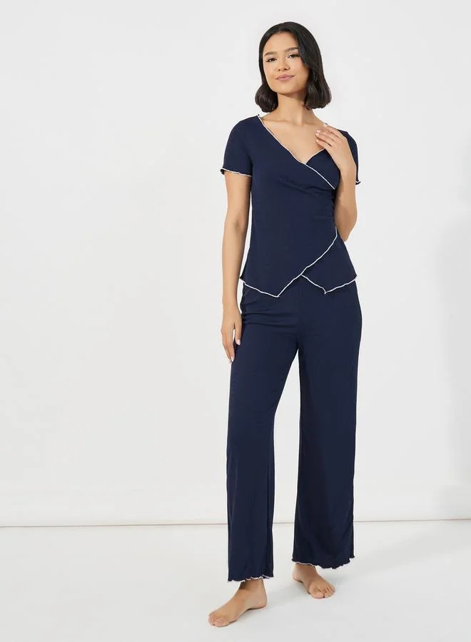 Contrast Edge Rib Wrap T-Shirt & Pyjama Set Deep Navy Blue
