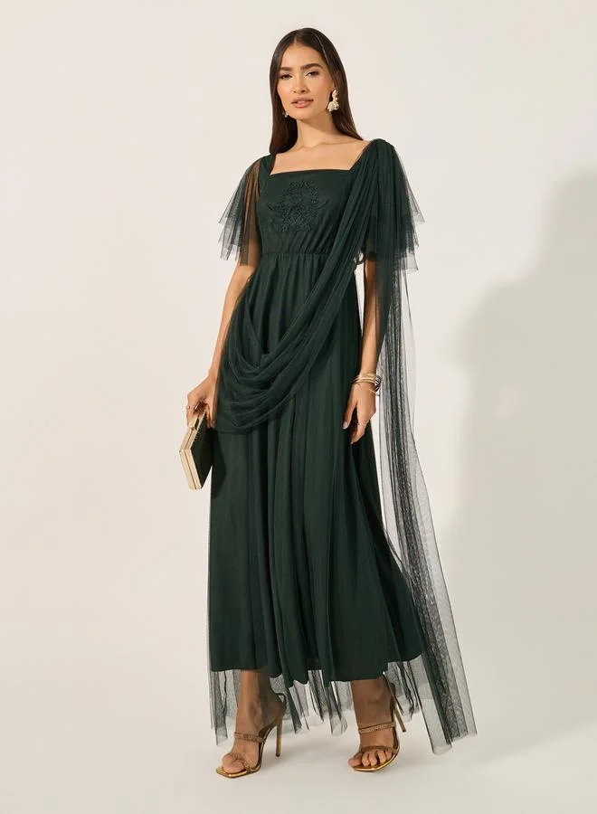 Draped Tulle Maxi Dress Forest Green