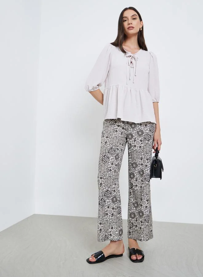 Take Two Ruffle Hem Top and Printed Pants Set Beige