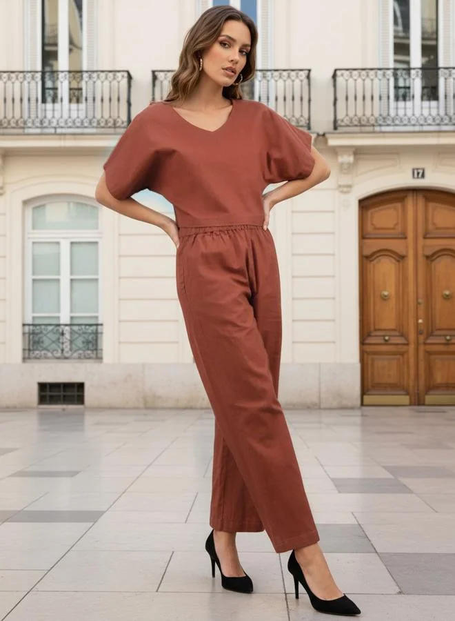 V-Neck Crop Top and Pants Co-ord Set Brown