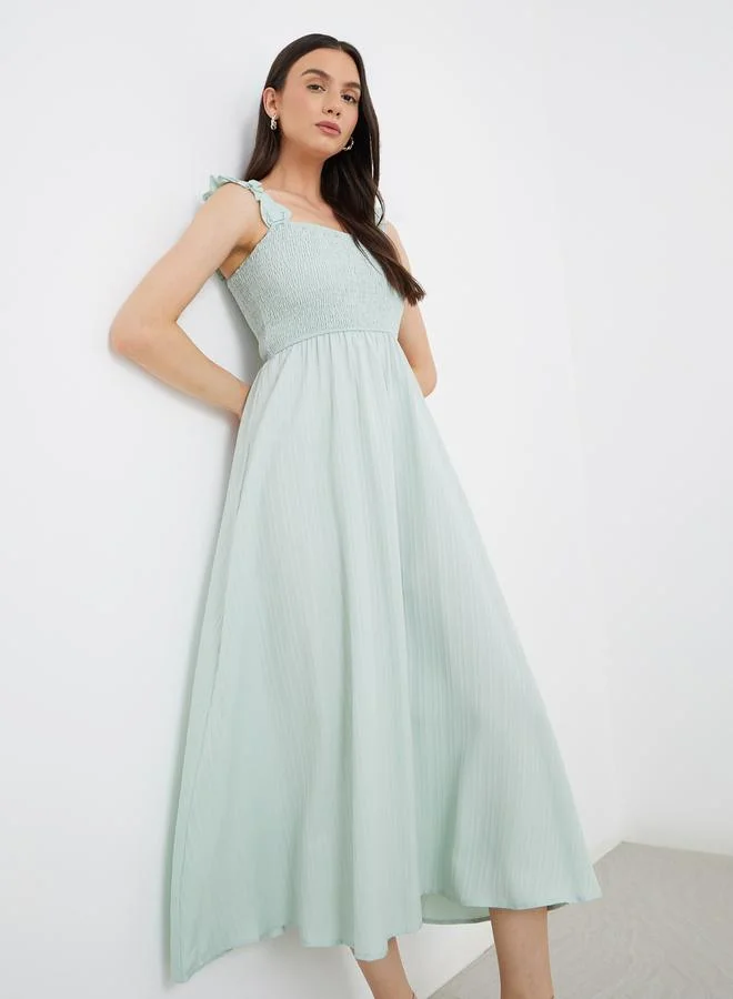 Smocked Strappy A-Line Midi Dress Mint Green