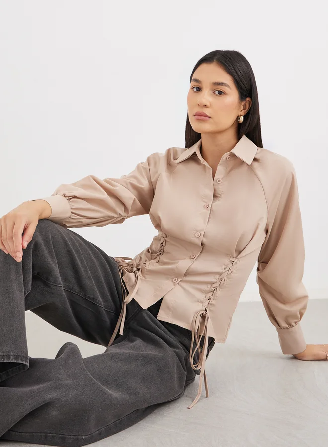 Lace-Up Raglan Sleeve Button Shirt Beige