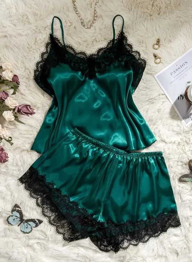 Dark Green Lace Cami Top and Shorts Set - Polyester, V Neck, Relaxed Fit