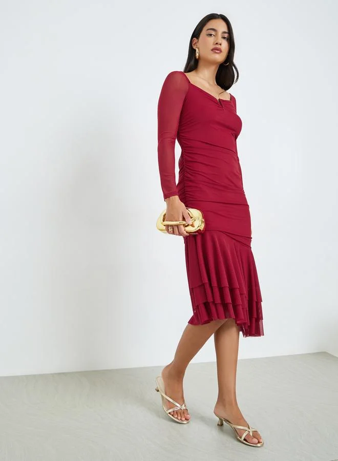Long Sleeve Layered Hem Midi Dress Burgundy
