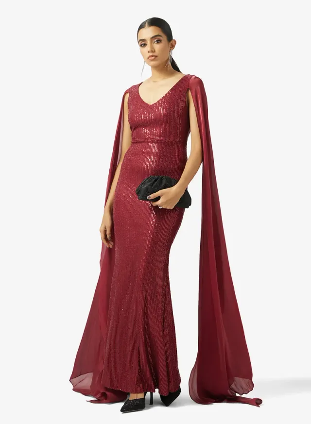 Maroon Maxi Dress with V Neck and Exaggerated Sleeves – image 4