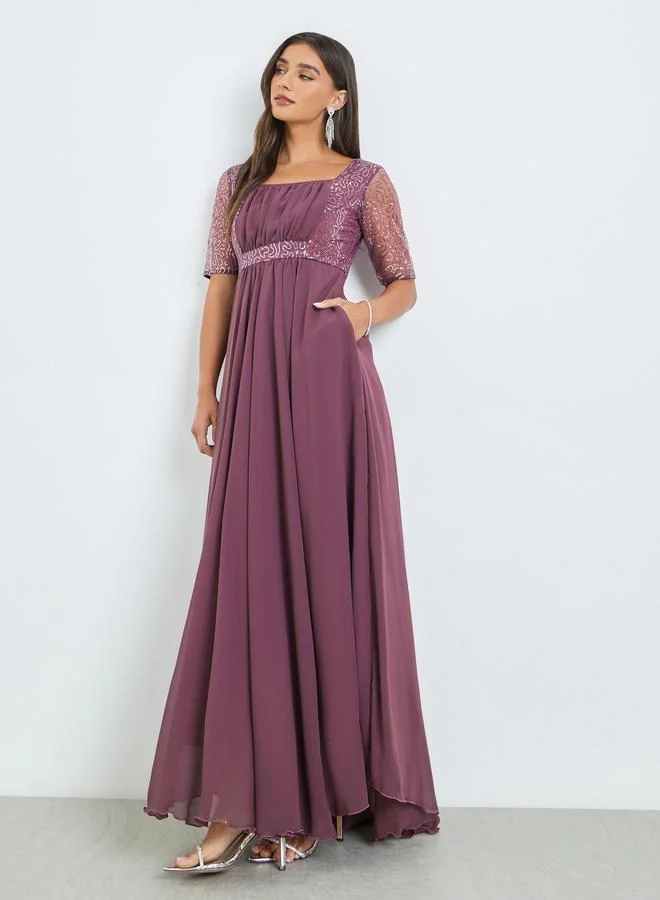Sequined Pleated Maxi Dress Plum
