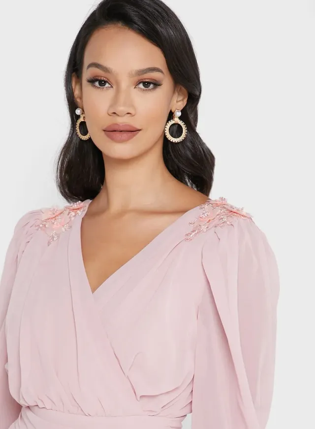 Dusty Pink V-Neck Maxi Dress with Balloon Sleeves and Belted Waist – image 3