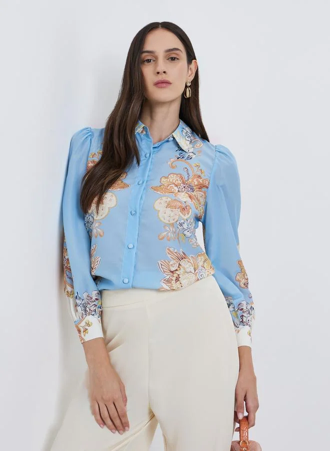 Styli Floral Placement Printed Shirt Light Blue