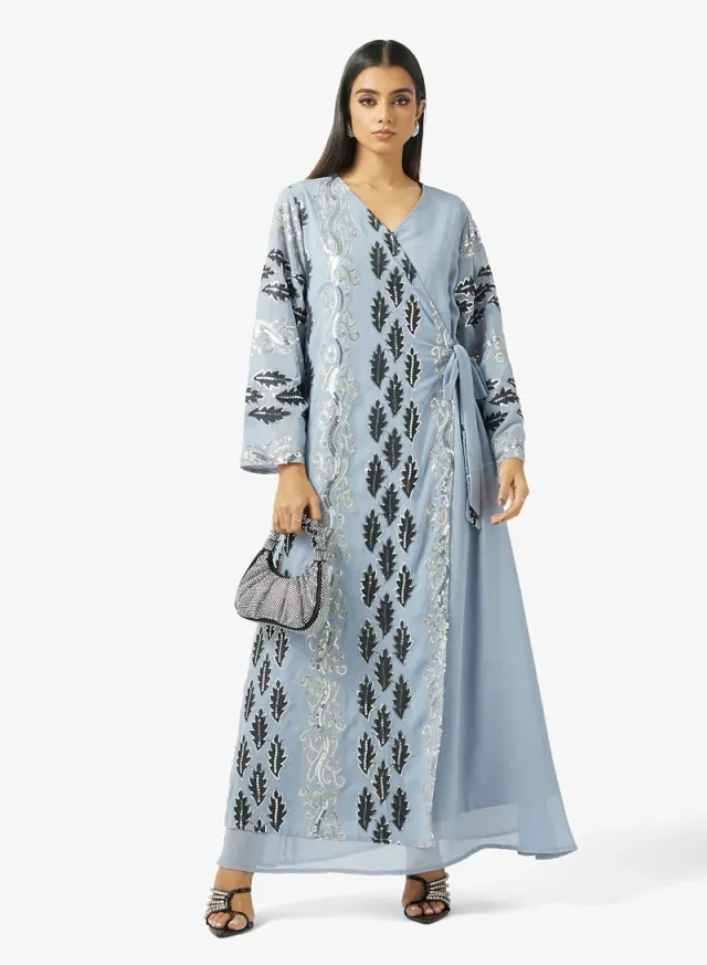 Blue Printed Jalabiya for Women - Long Sleeves, Full Length, Round Neck – image 4