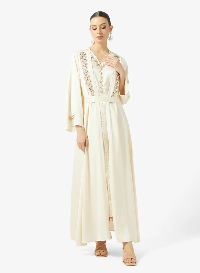Embroidered Abaya Set Beige