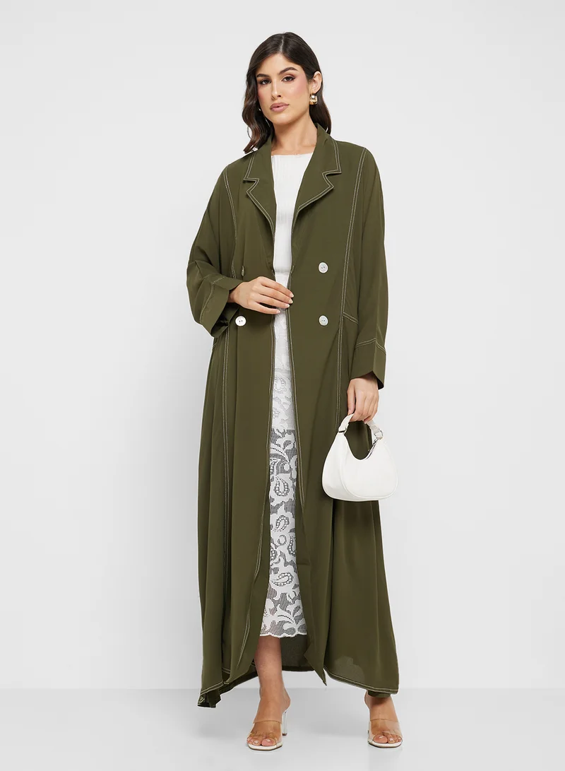 Button Detail Trench Coat Abaya Olive Green