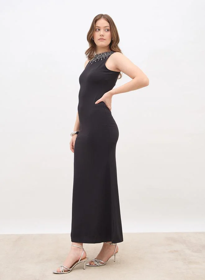 Embellished A-Line Maxi Dress Black