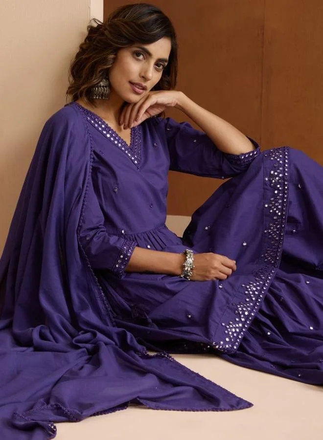 Women's Embellished Cotton Kurta Palazzo Set - Deep Violet