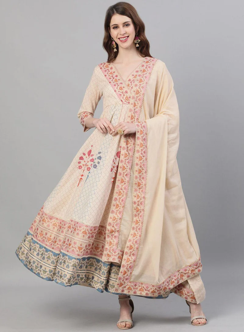 Women's Printed Kurta with Dupatta Beige