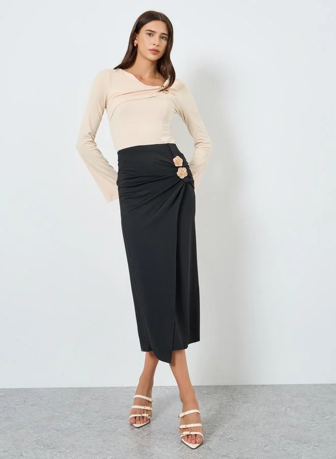 Ruched Metallic Button Skirt Black