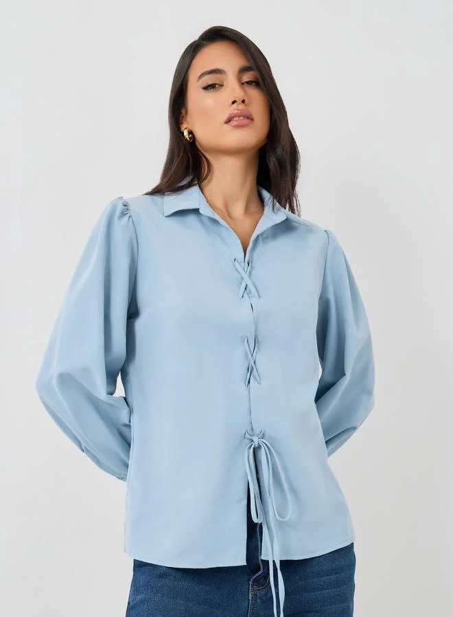 Balloon Sleeve Tie-Front Shirt Blue
