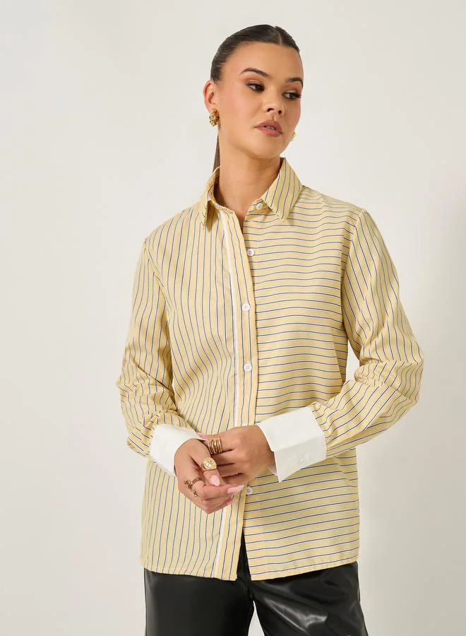 Striped Contrast Cuff Shirt Yellow
