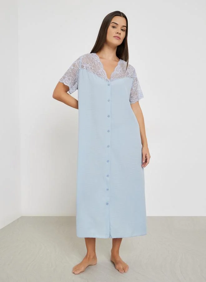 Waffle Lace Buttoned Nightdress Blue