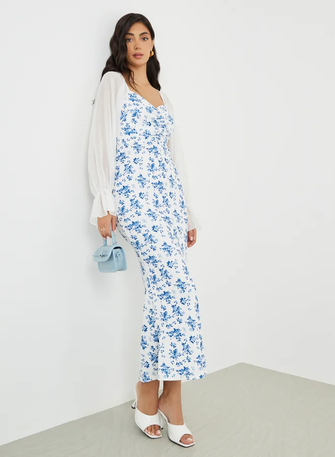 Floral Balloon Sleeve Sweetheart Midi Dress White